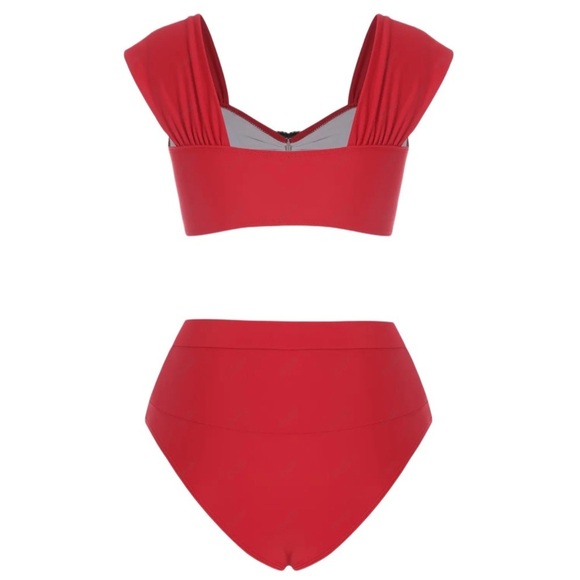 Rhinestone Heart ✦ Red & Silver Bikini Set ✦ Sweetheart Neck + Belted High-Cut L - Picture 3 of 12